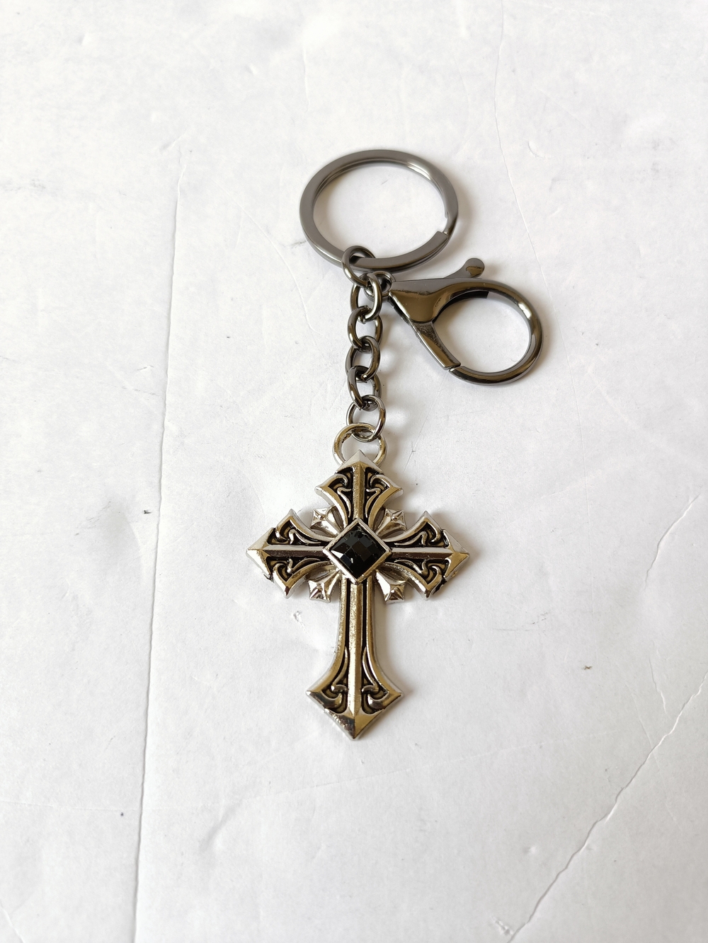 Goth Cross Keychain Silver Tone Black Emblem
